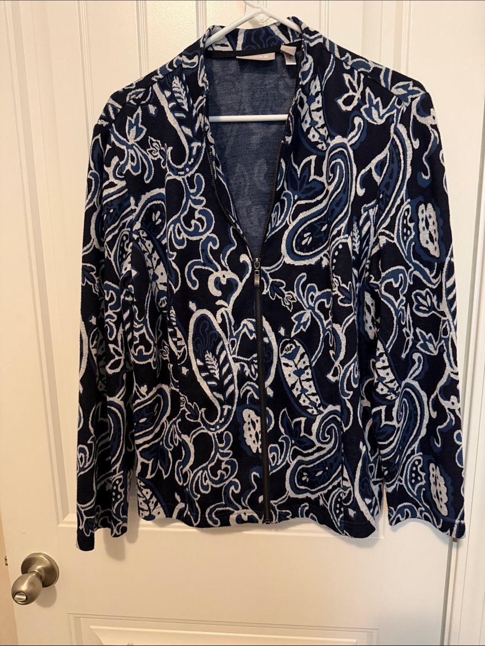 Chicos Navy & White Paisley Zip-Front Jacket size 2
